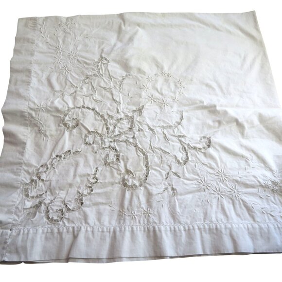 Vintage White Cotton Battenburg Lace Embroidered Cutwork Tablecloth Floral Desig - Picture 11 of 11